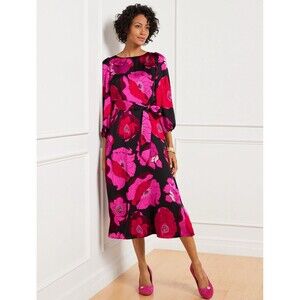 Talbots Women’s 8 Petite Belt SATIN FIT & FLARE DRESS BLOOMING FLORAL EASTER